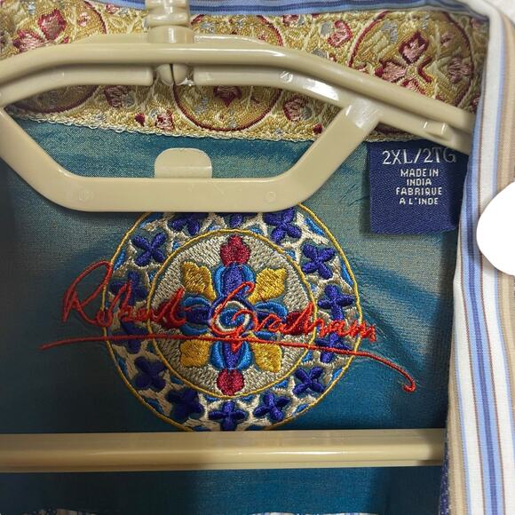 Robert Graham Men’s Striped Button Down Shirt Silk Trim Flip Cuff Blue Size XXL - Picture 6 of 14